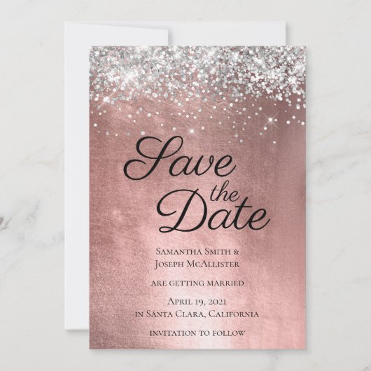 Silver Sparkly Glitter en Shiny Roos Gold Foil Save The Date (Voorkant)