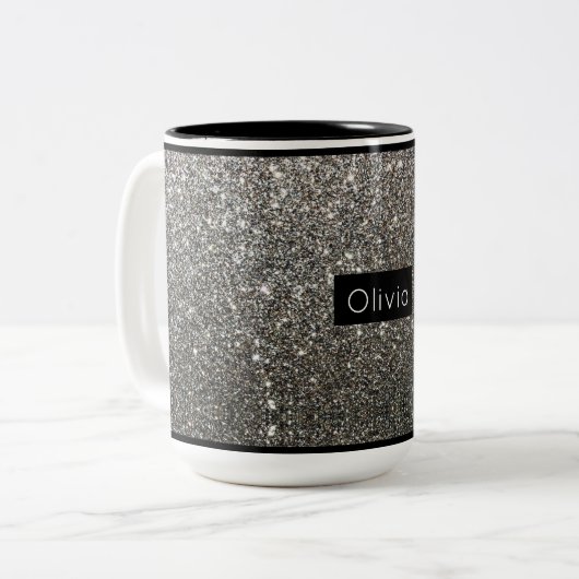Silver Sparkly Glitter met persoonlijke naam Tweekleurige Koffiemok (Voorkant links)