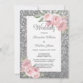 Silver sparkly glitter pink floral Wedding  Kaart (Voorkant)