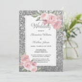 Silver sparkly glitter pink floral Wedding  Kaart (Staand voorkant)