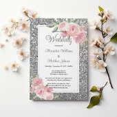 Silver sparkly glitter pink floral Wedding Kaart