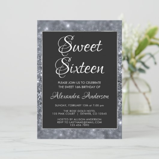 Silver Sparkly Glitter Sweet 16 Verjaardag Kaart (Staand voorkant)