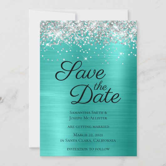Silver Sparkly Glitter Turquoise Ombre Folie Save The Date (Voorkant)