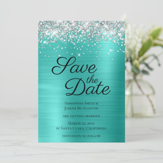Silver Sparkly Glitter Turquoise Ombre Folie Save The Date (Staand voorkant)