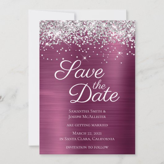 Silver Sparkly Glitter Wine Ombre Folie Save The Date (Voorkant)