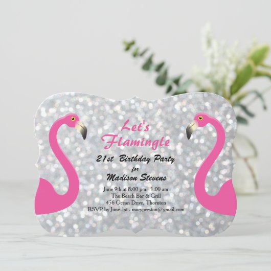 Silver Sparkly Let's Flamingle Verjaardag Uitnodig Kaart (Staand voorkant)