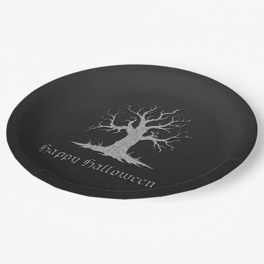 Silver Spooky Tree Halloween Papieren Bordje (Gekanteld)