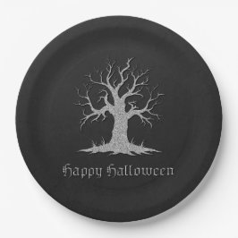 Silver Spooky Tree Halloween Papieren Bordje