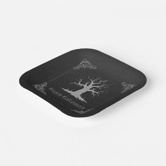 Silver Spooky Tree Halloween Papieren Bordje (Gebogen)