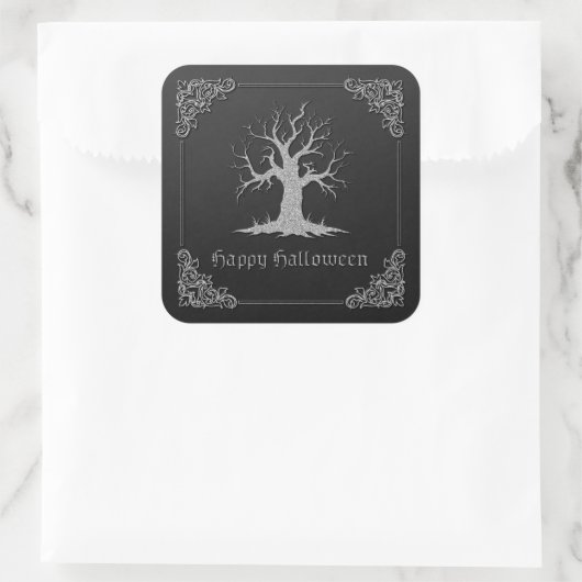 Silver Spooky Tree Halloween Vierkante Sticker (Tas)