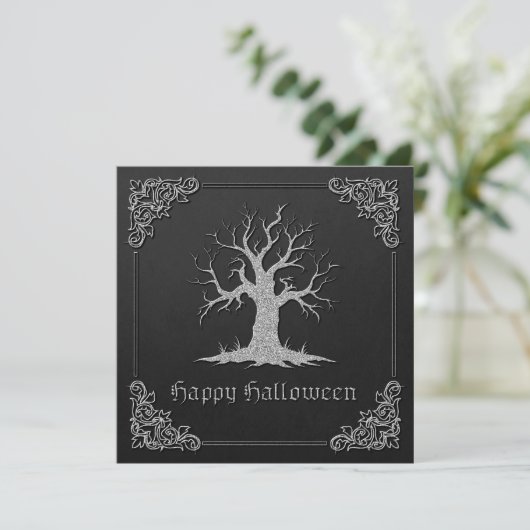 Silver Spooky Tree Halloween Wenskaart (Staand voorkant)