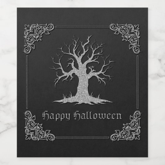 Silver Spooky Tree Halloween Wijn Etiket (Enkel label)