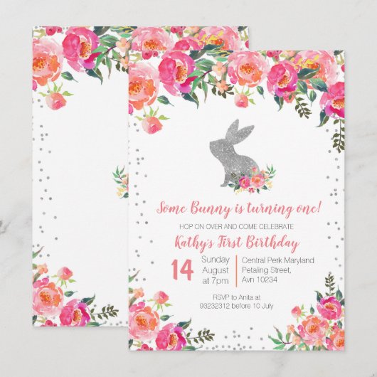 Silver Spring Bunny Verjaardag Bloemen Kaart (Voorkant / Achterkant)