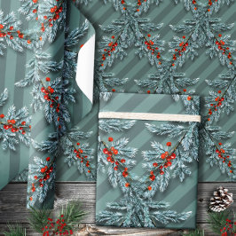 Silver Spruce Red Berries Lattice Gestreept Cadeaupapier