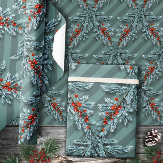 Silver Spruce Red Berries Lattice Gestreept Cadeaupapier