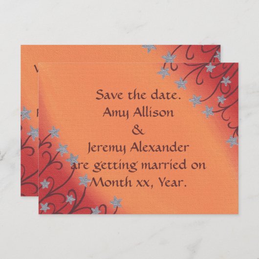 Silver Star Bloemenrood Sinaasappel Save date Brie Aankondigingskaart (Voorkant / Achterkant)