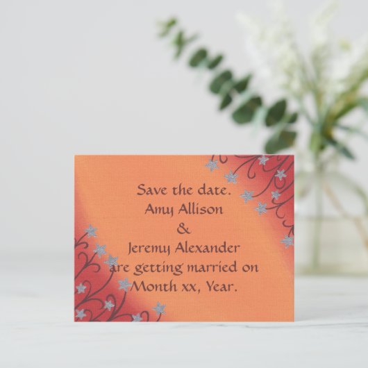 Silver Star Bloemenrood Sinaasappel Save date Brie Aankondigingskaart (Staand voorkant)