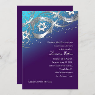 Silver Star Confetti Flourish Mitzvah Turquoise Kaart