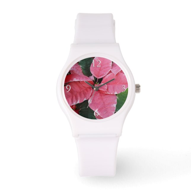 Silver Star Marble Poinsettias Pink Holiday Floral Horloge (Voorkant)