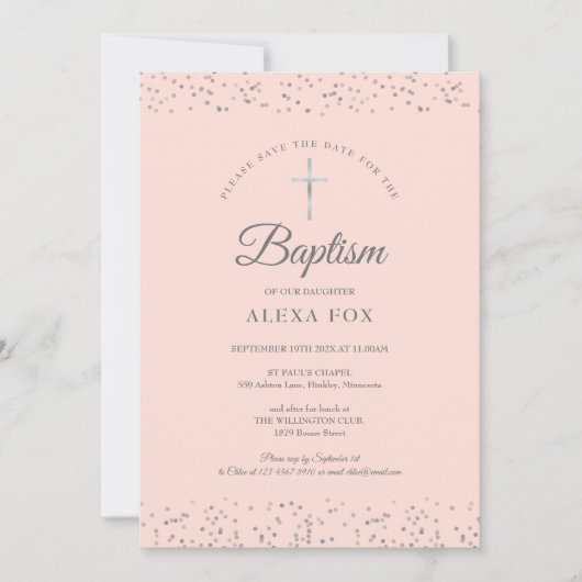 Silver Stardust Baptism Christening Blush Pink Save The Date (Voorkant)
