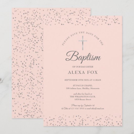 Silver Stardust Baptism Christening Blush Pink Save The Date (Voorkant / Achterkant)