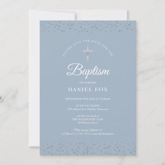 Silver Stardust Baptism Christening Dusty Blue Save The Date (Voorkant)