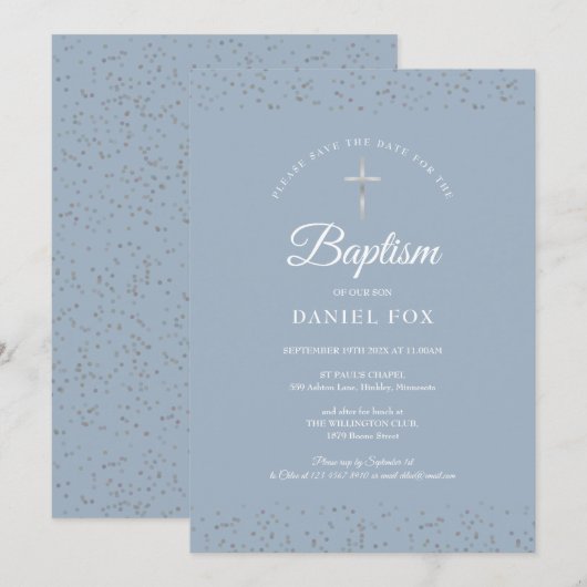 Silver Stardust Baptism Christening Dusty Blue Save The Date (Voorkant / Achterkant)