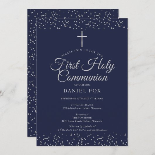 Silver Stardust First Heilige Communieblauw Kaart (Voorkant / Achterkant)