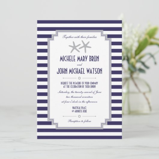 Silver Starfish Couple Nautical Wedding Invitation Kaart (Staand voorkant)