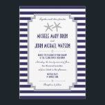 Silver Starfish Couple Nautical Wedding Invitation Kaart<br><div class="desc">Pas deze stijlvolle, moderne Nautical Wedding Invitation aan. Blauw en wit gestreept ontwerp, dat is ingesteld als een sjabloon voor een eenvoudige aanpassing en twee grijze/zilverzeester. Alle elementen en tekstgebieden zijn flexibel beweegbaar als u jouw tekst nodig hebt om verschillend te zijn. Om hen te bewegen klik op de Customize...</div>