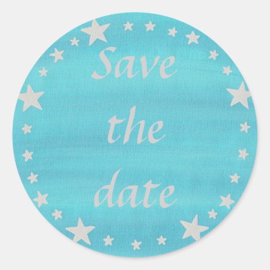 Silver Stars Circle op blauw Save the date sticker (Voorkant)
