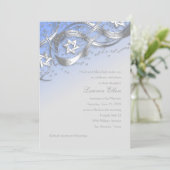 Silver Stars Confetti Flourish Bat Mitzvah Blue Kaart (Staand voorkant)