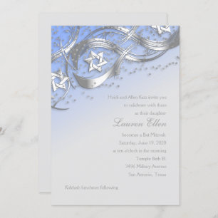 Silver Stars Confetti Flourish Bat Mitzvah Blue Kaart
