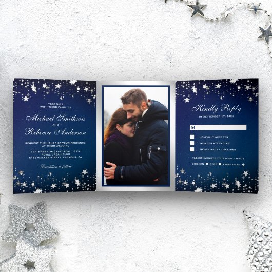 Silver Stars Confetti Midnight Blue Galaxy Wedding Drieluik Uitnodiging
