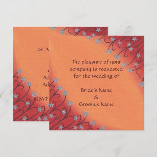 Silver Stars Flowers on Oranje Wedding Invitting Kaart (Voorkant / Achterkant)