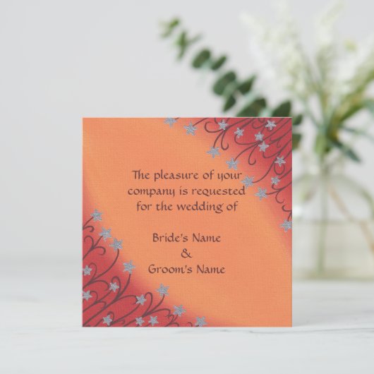 Silver Stars Flowers on Oranje Wedding Invitting Kaart (Staand voorkant)