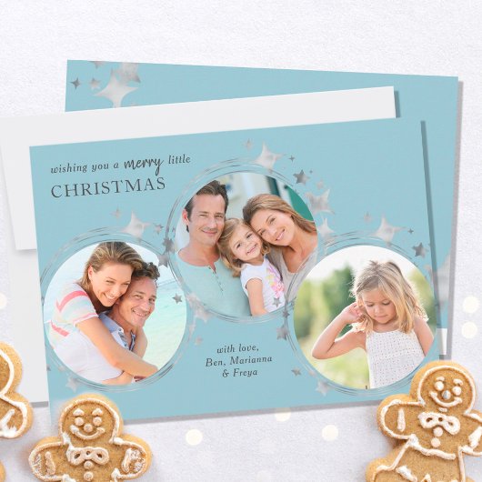 Silver Stars kerstfoto's Trio Pastel Blue Feestdagenkaart