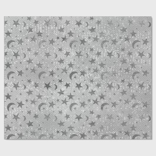 Silver Stars Moon Celestial Sky Sequin Grey VIP Cadeaupapier (Vlak)