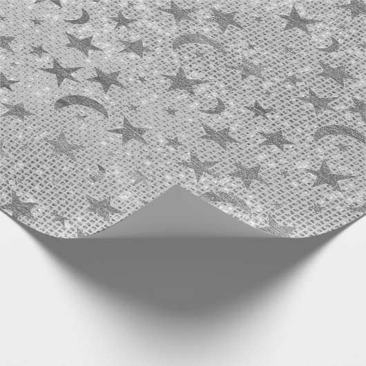 Silver Stars Moon Celestial Sky Sequin Grey VIP Cadeaupapier (Hoek)