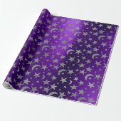 Silver Stars Moon Sky Metallic Paarse Amethyst Cadeaupapier (Uitgerold)