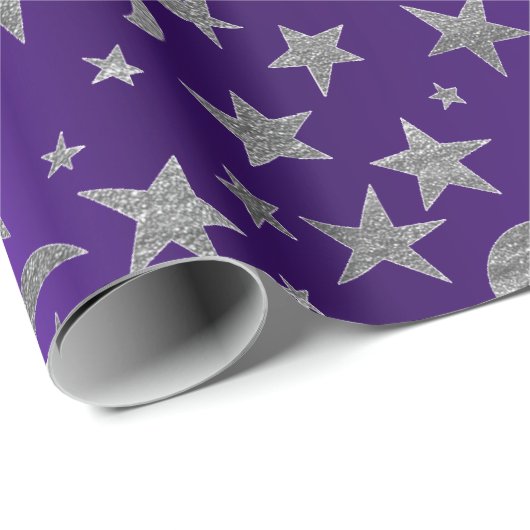 Silver Stars Moon Sky Metallic Paarse Amethyst Cadeaupapier (Rol Hoek)