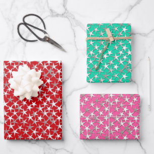 Silver Stars op Dark Red, Aqua en Fuchsia Pink Inpakpapier Vel