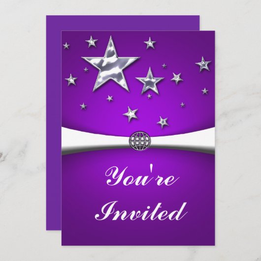 Silver Stars Paarse partijuitnodiging Kaart (Voorkant / Achterkant)