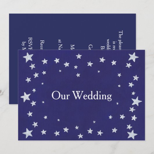 Silver Stars Royal Navy Blue Wedding Invitations Kaart (Voorkant / Achterkant)