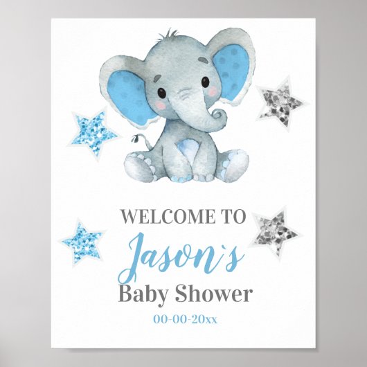 Silver sterren Elephant Welcome Sign, Boy Shower Poster (Voorkant)
