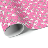 Silver sterren op fuchsia roze cadeaupapier (Rol Hoek)