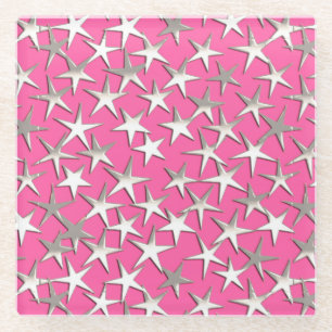Silver sterren op fuchsia roze glazen onderzetter
