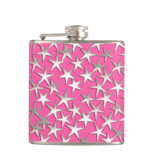 Silver sterren op fuchsia roze heupfles (Voorkant)