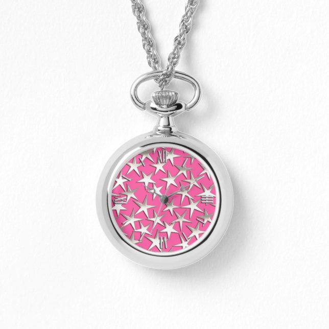 Silver sterren op fuchsia roze horloge (Voorkant)