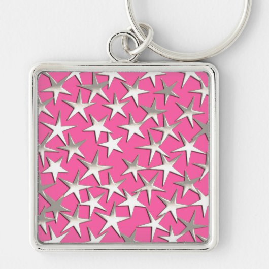 Silver sterren op fuchsia roze sleutelhanger (Voorkant)
